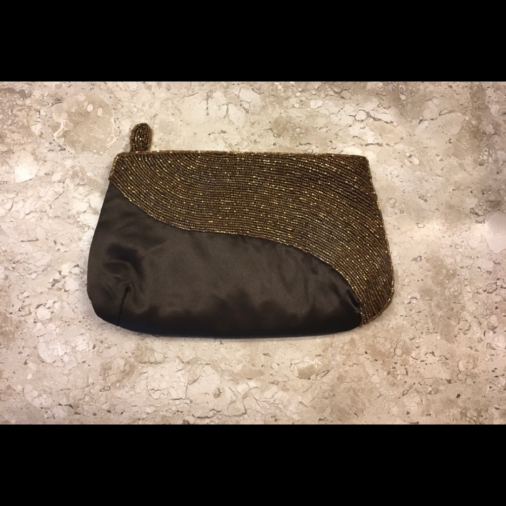 DONATED Brown satin beaded handbag